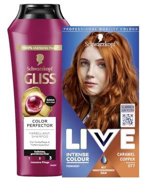 Schwarzkopf LIVE Intense Colour Haarfarbe 077 Caramel Copper (142 ml), dauerhafte Coloration mit farbintensivierendem Serum & GLISS Shampoo Colour Perfector (250 ml) Color Shampoo
