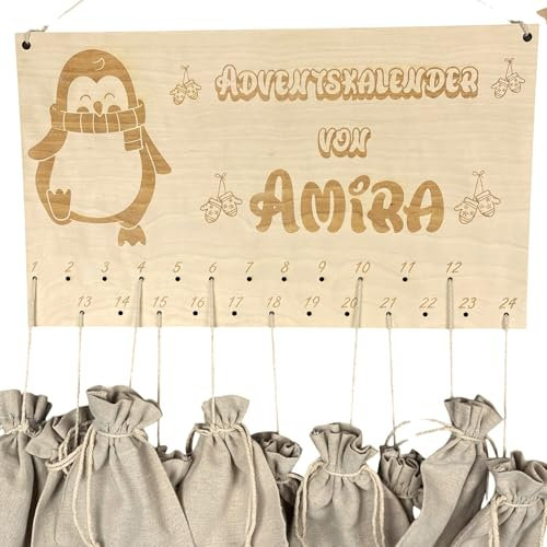 XL Personalisierter Adventskalender aus Holz für Kinder mit Pinguin-Motiv - DIY Adventskalender zum Selbstbefüllen - Adventskalender aus Holz mit 24 Jutesäckchen - Weihnachtskalender (Holz Pinguin)