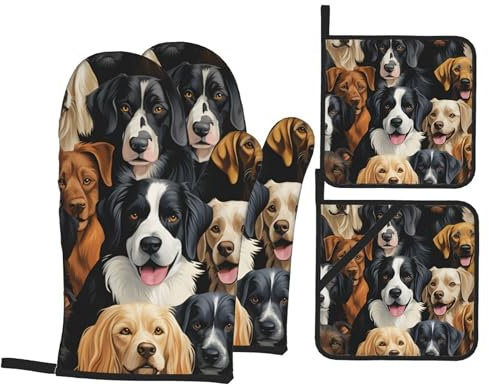 4-Teiliges Set Topflappen Handschuh Set Lustiger Cartoon-Hund, Schöner Welpe Grillhandschuhe Flexible Backhandschuhe Für Cooking Backofen Backen