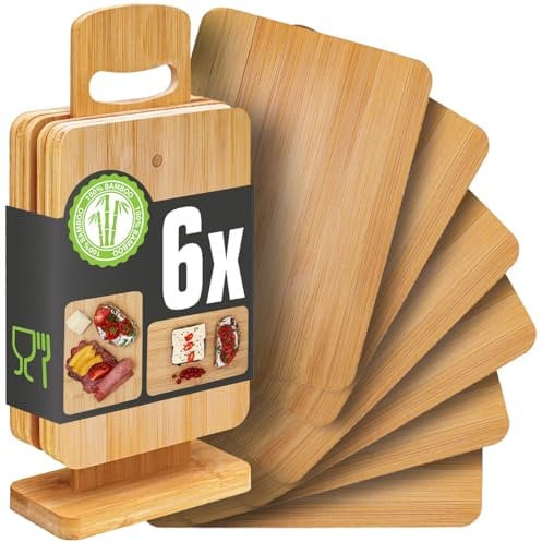 DuneDesign Set di 6: Tagliere in Legno Piccolo - 22x15 Set Aperitivo con Supporto - Mini Tagliere da Cucina - Set Tagliere Legno Taglieri per Aperitivi Bar Taglieri di Legno Tagliere Legno Aperitivo