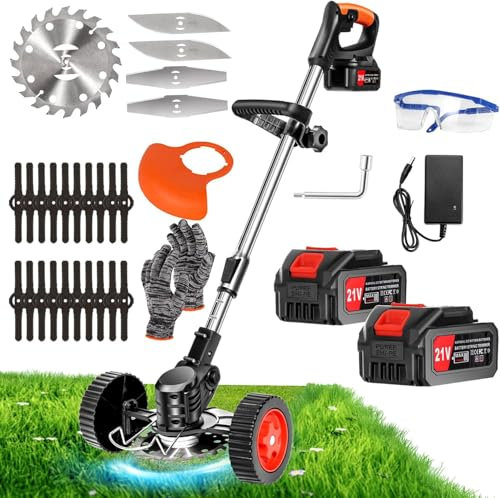 DéBroussailleuse à Batterie Electrique 21V Coupe Bordure sans Fil avec Batterie&Trois Types De Lames& Faible Bruit La Longueur Peut être ajustée pour Jardin, Pelouse, Ferme