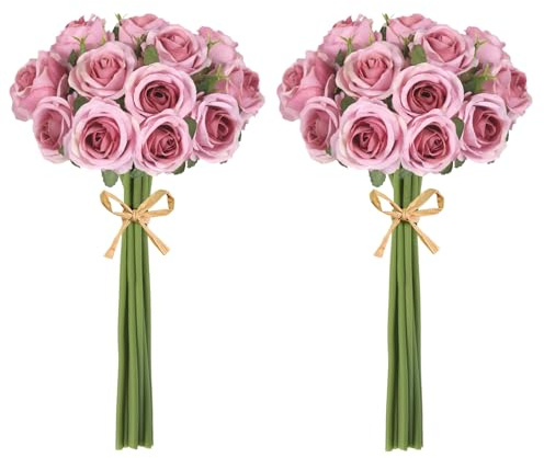 ICBOX 18 mini bouquet di rose finte in seta, 30,5 cm, per matrimoni, addio al nubilato, composizioni floreali, feste, casa, decorazione da tavolo (rosa)