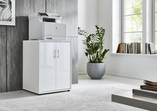Druckerschrank Office Edition mit 2 Türen, 2 Einlegeböden, Büromöbel, 74 cm Höhe (Weiß/Weiß Hochglanz)