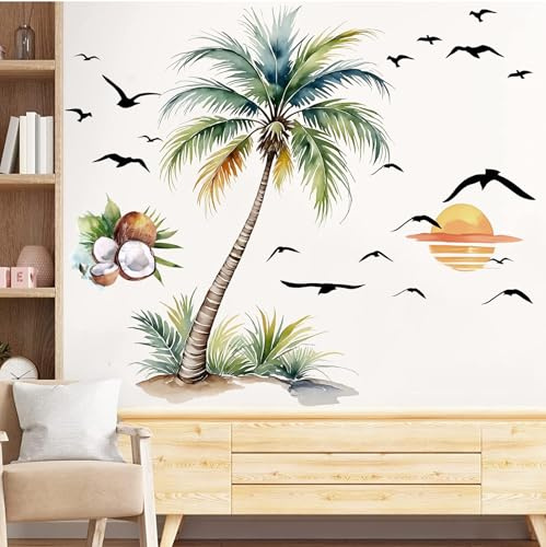 KAIRNE Palme Wandtattoo Tropisch Kokosnuss Strand Sonnenuntergang Zimmer