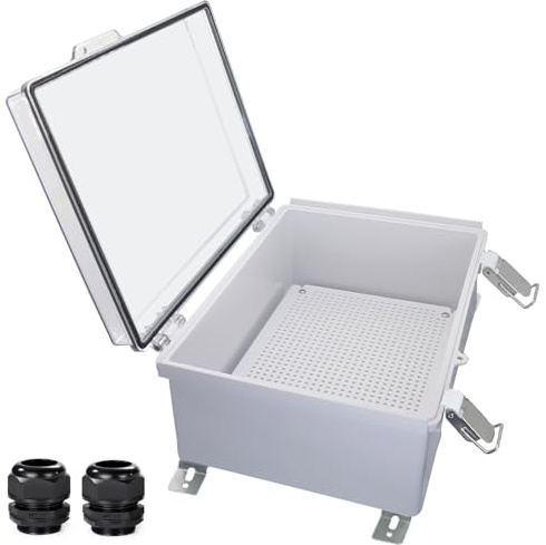 Wasserdichte Abzweigdose für den Außenbereich, wetterfest, IP67, ABS-Kunststoff, Schalter, Router, Projektbox mit Montageplatte mit Wandhalterung, 2 Kabelverschraubungen, transparent, 35,1 x 24,9 x 15