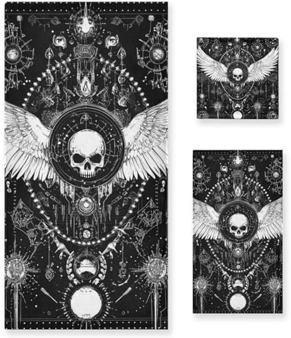 Böser Totenkopf schwarz Gothic Kopf bis Fuß Gesicht Handtücher Set 3-teilig, 1 Badetuch, 1 Handtuch, 1 Waschlappen für Zuhause, Küche, Familie