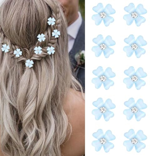 Mezrkuwr 10 Stück Mini Haarspangen mit hellblauen Blumen und Strasssteinen, kleine dekorative Haarspangen für Hochzeit, Brautschmuck, Haarschmuck