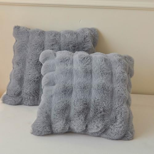 LIFEREVO Pack of 2 Fluffy Faux Rabbit Fur Cushion Covers 50x50cm, Cute Plush Shaggy Bubble Square Throw Pillow Covers Zipper Closure, Home Decorative Furry Fuzzy Pillow Shams for Sofa Couch Bed, Grey