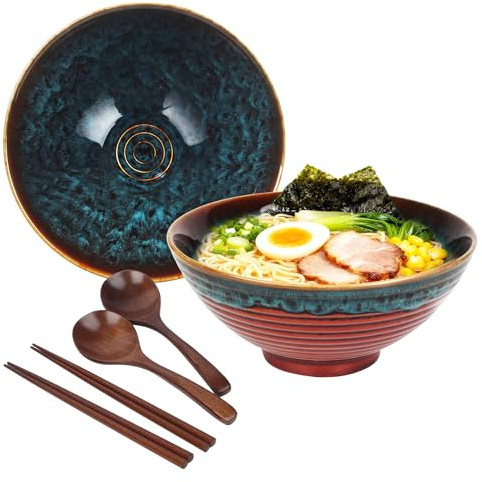 2 x 1200ml Ramen Schüssel Set Aus Keramik Mit Essstäbchen und Löffeln, 20cm Bowl Schüssel Suppenschüssel für Ramen Schüssel, Ramen Bowlz, Ramen Set, Ramen Schale, Bowl Schüssel, Schüssel Set