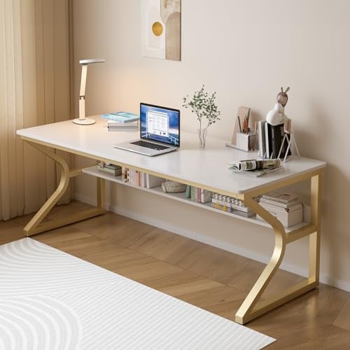 OSCHF 160 x 60 cm extra Langer Schreibtisch mit Ablagefach, Gold | Doppelter Langer, 2-Personen-Arbeitsplatz, PC Tisch, einfache Montage, für Homeoffice, Familienecke & Schlafzimmer