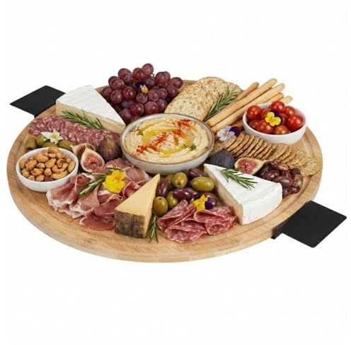 URBNLIVING 40cm Bamboo Lazy Susan Turntable, Round Rotating Serving Platter with Metal Handles for Kitchen & Dining