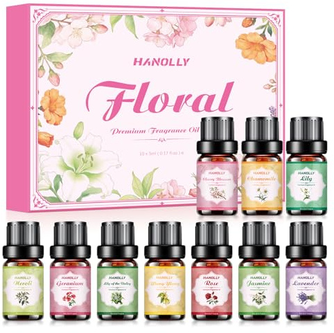 HANOLLY Aceites Esenciales para Humidificador Floral 10x5ML | Juego de Aceite Esencial Naturales Aromaterapia para Difusor Velas - Lavadero, Rosa, Jazmín, Ylang-Ylang, Neroli, Manzanilla