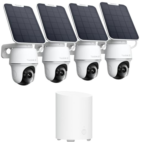 Reolink 4K Solar Aussen Akku Überwachungskamera 4X Argus PT Ultra + Solarpanel, Auto-Tracking, 2,4&5GHz WiFi, lokaler Speicher, erweiterte Verschlüsselung, inkl. Home Hub Mini