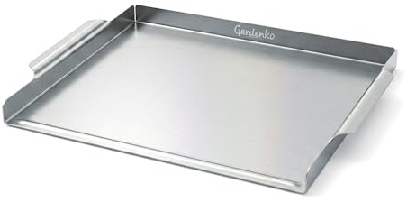 Gardenko Grillplatte für Kohlegrill aus 1 mm rostfreiem Edelstahl - 39,4x29,1 cm, 1 kg - Universelle Plancha für Smash Burger, Gemüse & Spiegelei – Rostfrei & Spülmaschinenfest