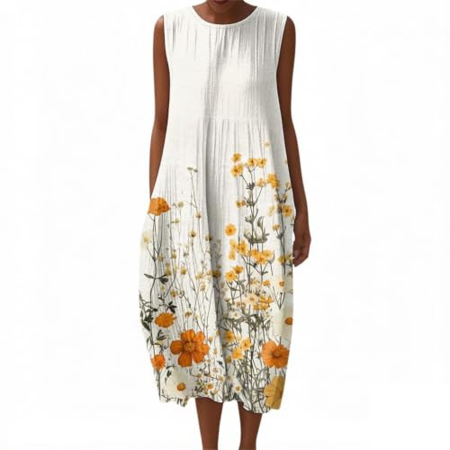 Leinen Sommerkleid Damen Lang Sommerkleider Baumwolle Damen Sommerkleid Leinenkleid Ärmellos Rundhals Locker Midikleid Maxikleid mit Taschen Baumwolle Boho Floral Print Strandkleid Freizeit Urlaub