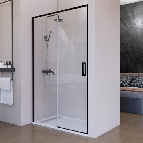 Mampara ducha corredera 130 cm 1 puerta+1 fijo negro cristal 6 mm H195 cm