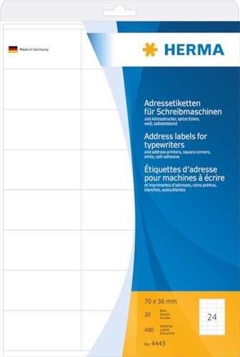 HERMA Adress-Etiketten 70x36mm auf A4-Blättern Ecken spitz VE=480 Stück