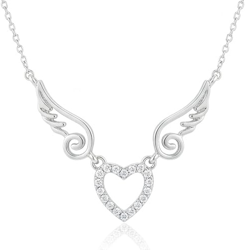 Hanessa 925 Echt-Silber Rhodiniert Damen-Schmuck Hals-Kette und Anhänger aus echtem Silber - Collier mit Herz, Engels-Flügel und 18 Zirkonia Steinen - Geschenk für die Frau