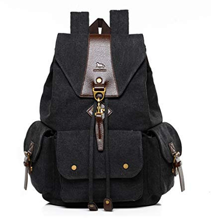 Canvas Vintage Rucksäcke,Popoti Rucksack Damen Herren Schulrucksack Leinwand Retro Backpack Unisex Daypacks für Outdoor Sports Reisen Wandern mit Großer Kapazität Wanderrucksack (Schwarz)