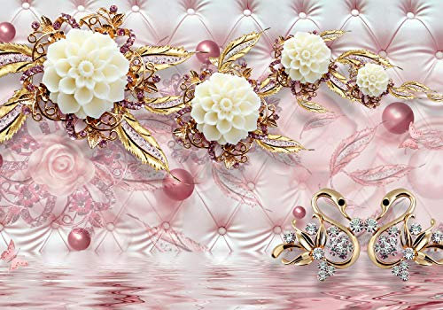 wandmotiv24 Fototapete Blumen gold Diamanten luxuriös rot, XL 350 x 245 cm - 7 Teile, Wanddeko, Wandbild, Wandtapete, Wasser, Polster, rosa M1971