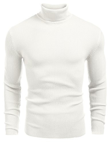 COOFANDY Men's Jumpers Turtle Neck Cable Knitted Jumpers Slim Fit Pollover Sweater White