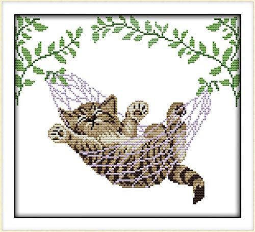 Awesocrafts Kreuzstich Stickpackungen, Eine Katze auf einem Korb Tiere Bilder Vorlagen Stickerei Set Zählmuster