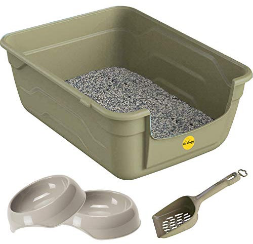 CAT CENTRE Grey Large Cat Open Litter Tray Box +2x 0.35L Bowls +Waste Scoop Set High Sided Deep Toilet Loo Adult Cats Kitten Pan Pet Loo Easy Cleaning Lowered Entry Step 11.5cm Easy Access Bowl Trays