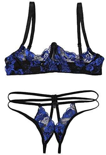 JEATHA Women's Sexy Sheer Lace Lingerie Set Underwired 1/4 Cups Shelf Bra with G-String Briefs Underwear Blue#A One Size