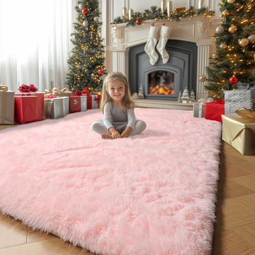 Amdrebio Tapis Pelucheux à Poils Longs pour Chambre de Fille – Tapis Pelucheux à Poils Longs pour Salon, Chambre d'enfant, dortoir, Tapis Rose, décoration de Chambre Mignonne pour bébé – 1,2 x 1,8 m