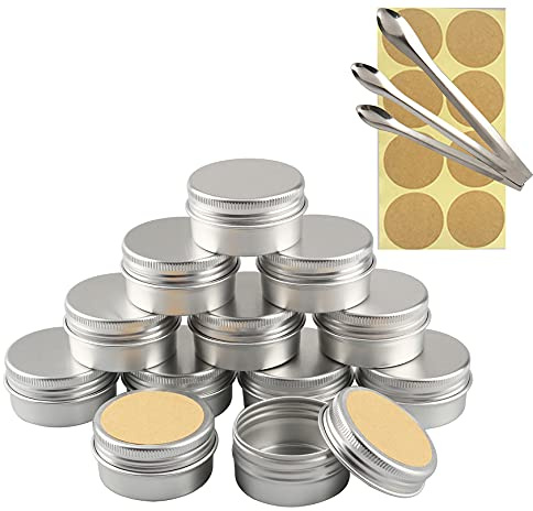 TIANZD 24 Stück Leere 30 ml Rund Silber Aluminium Tins Schraubdose Cremedose Alu-Tiegel Dosen mit Schraub-Deckel 5ml Aludose Blechdosen für Kosmetik Kerze Salben 3x Löffel, 24x Etikette