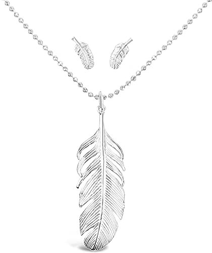DUR Schmuck - Feder Schmuckset | 925er Silber | Poliert | Rhodiniert | Anhänger mit Kugelkette 50cm & Ohrstecker | P2737 | K2255 | S1433 | Frauen | Jugend Mädchen | Modebewusste | Schmuck-Set