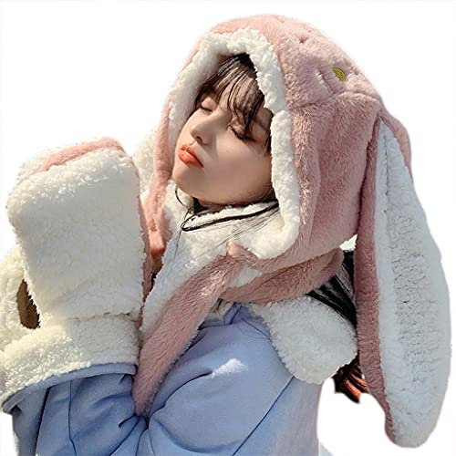 follwer0 Warme Kaninchenohren Mütze Plüsch Hasenohren Hut Tier Hut Schal Fäustling Set Winter Winddicht Niedliche Tier Klappe Mütze für Frauen Mädchen