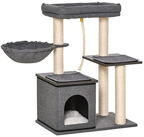 PawHut Albero Tiragraffi per Gatti Adulti e Gattini da 83cm, Lettino, Amaca, Casetta per Gatti e Pali in Sisal, Rivestimento Peluche e Cuscini Lavabili, Grigio