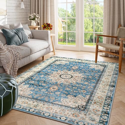 Lahome Orientalischer Teppich mit floralem Medaillon – 12,7 x 17,8 cm, groß, blau, Used-Look, für Wohnzimmer, Schlafzimmer, rutschfest, maschinenwaschbar, niedriger Flor, für den Innenbereich, Büro,