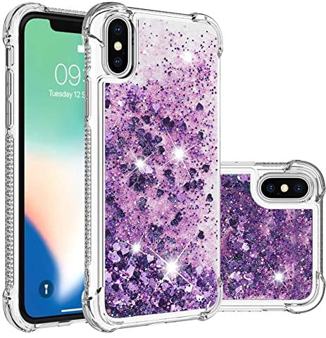 IMEIKONST Compatible with iPhone XS Glitter Case, Liquid Sparkle Quicksand Clear Transparent Sequin Girls Slim TPU Bumper Silicone Shockproof Cover for iPhone XS/X. Love Purple YBW
