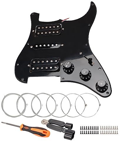 Unxuey Vorverdrahtete Schlagbrett-Platte mit 10 Löchern, mit schwarzen HSH-Tonabnehmerteilen für Fender Strat Gitarre, mit Gitarrensaiten und Installationswerkzeug
