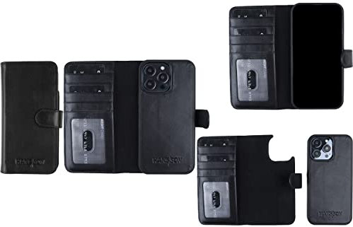 HANS/SON Echt-Leder-Handyhülle für iPhone 14 Pro Max – Schmale 2 in 1 Klapphülle mit Kreditkartenetui, Magsafe kompatibel, stoßfest, Standfunktion, 6,7 Zoll – Schwarz