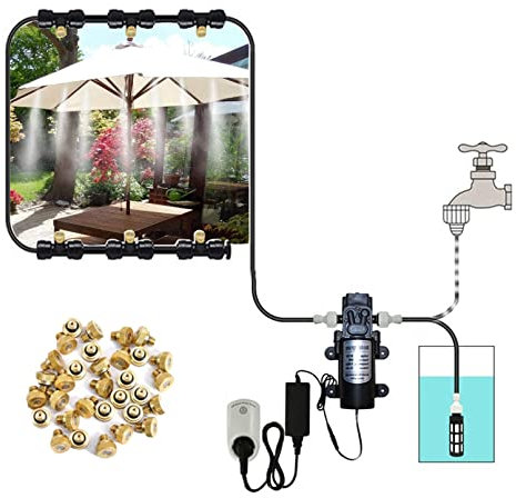 Nebulizzatore Giardino da Esterno con Pompa silenziosa 24v, Kit di nebulizzazione con filtro, Sisteme di Raffreddamento for Patio, Sisteme Irrigazione Giardino con Ugelli Nebulizza