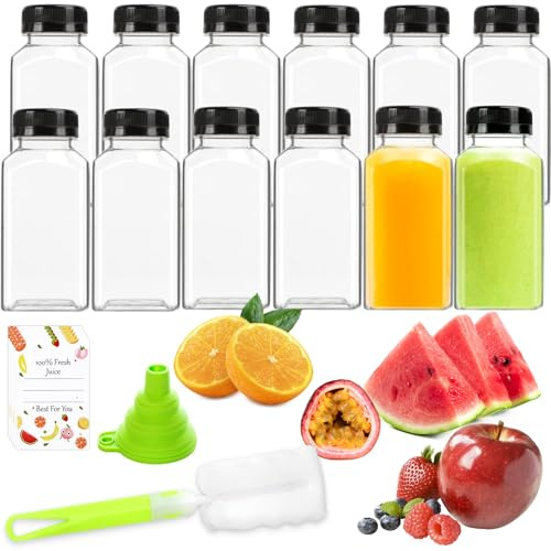 Leaflai Bouteilles de jus, lot de 12, bouteilles de 250 ml avec bouchon, bouteilles de jus en plastique avec autocollants de fruits, bouteilles vides réutilisables pour jus, lait, smoothies ou autres