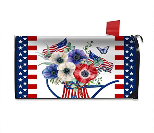 Granbey 4th of July Patriotic Mailbox Cover Magnetic Standard Size 18x21'' Independence Day Flowers Mailbox Cover American Flags Magnetic Mailbox Covers Post Wraps Letter Box Cover Home Garden Yard