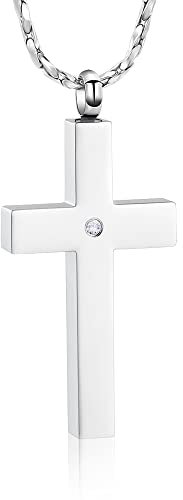 Minicremation Kreuz-Halskette für Asche – Edelstahl Andenken Feuerbestattung Schmuck – Religiöses Kreuz Gedenkurne Halskette für Haustier menschliche Asche Anhänger, Edelstahl Zirkonia Stein, Zirkon