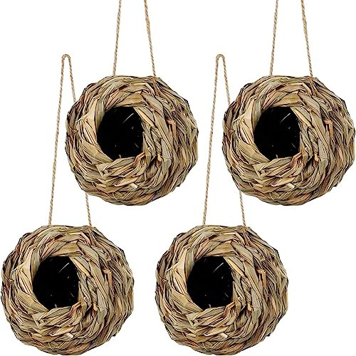 DEARBORN 4er-Pack Hängende Vogelnesthäuser für Den Außenbereich, Handgewebt Aus Naturgras, Handgewebtes Vogelnest 12 X 12 cm für Gärten, Balkone, Baumstämme