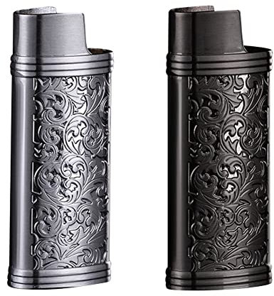 Surakey 2 Stück Vintage Feuerzeughülle, Metall Retro Gravur Feuerzeugkoffer Abdeckung für Mini BIC Feuerzeug, Wiederverwendbare Feuerzeughüllenhalter, Tragbare Feuerzeughüllen für Reisen im Freien