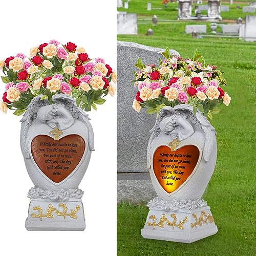 Angel Garden Statues Outdoor Decor,Cemetery vases for Grave,Decoration for Graves,Cemetery vase with led,Family Garden Memorial Statue Funeral Gift, Angels Solar Lights,Crying Angel (White)