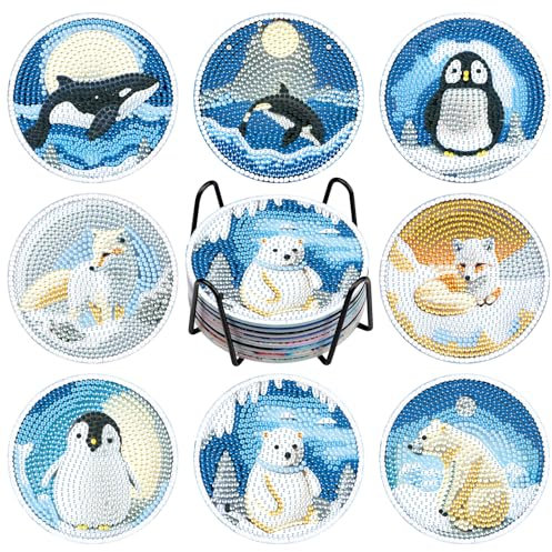 NAIMOER 8 Stück Tiere Diamond Painting Untersetzer mit Halter, DIY Winter Untersetzer, Kaffee Diamant Painting Untersetzer für Erwachsene Kinder, Getränke Untersetzer, 5D Diamant Untersetzer