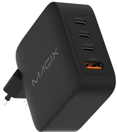 Magix Chargeur 4 Ports 140W, GaN PD Power Delivery, 3X USB-C et 1x USB-A, pour MacBook Pro, Dell XPS, iPhone série 15/14/13/12 etc, iPad, Galaxy S23 Ultra, Switch et Plus (EUR Plug)