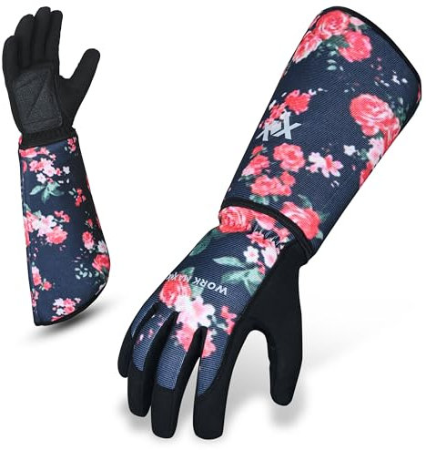 WORKMAXX Gardening Gloves Long Sleeves in Leather with Touchscreen, Heavy Duty Work Gloves Gauntlet Thorn Proof Antivibration for Women (X FLOWER, LARGE)