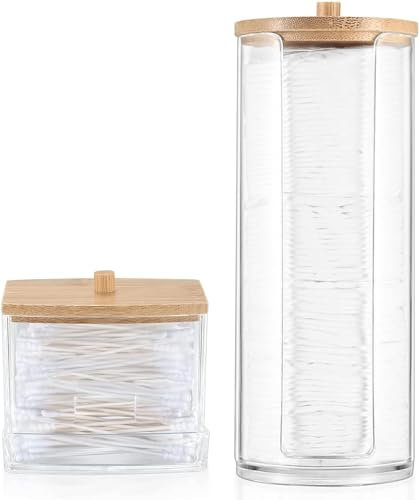 AIMIXUN 2 PCS Cotton Buds Dispenser, Cotton Pad Holder with Bamboo Lids, Qtip Dispenser Bathroom Qtip Storage Container Bathroom Canisters with Lids Cotton Round Dispenser for Floss Hair Ties Jewelry