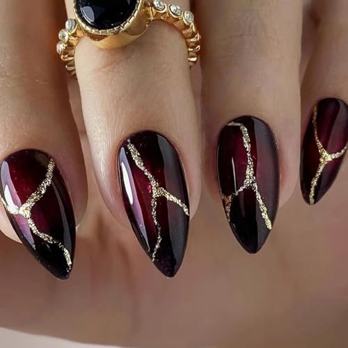 24 Stück Künstliche Nägel Mandel Mittel Falsche Nägel Französische Dunkelrot Kunstnägel Press on Nails Gold Glänzend Acryl Full Cover Fingernägel Nägel zum Aufkleben für Frauen und Mädchen