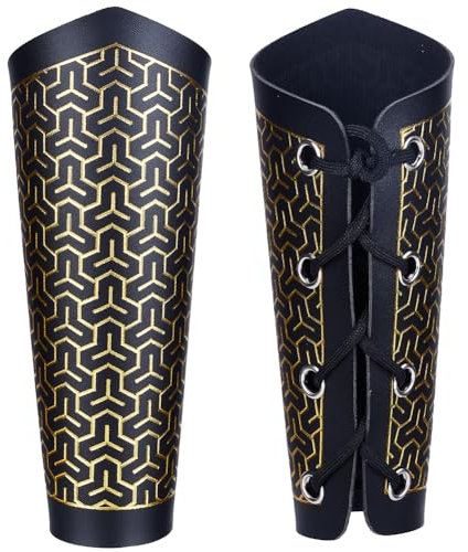 GORGECRAFT 2Stk Leder-Armschützer Mittelalterliche Lederstulpen Armband Schwarz-Goldenes Bergmuster Rüstungsarmschienen Retro Leder-Cosplay-Armschiene Verstellbare Armrüstungsmanschette Für LARP